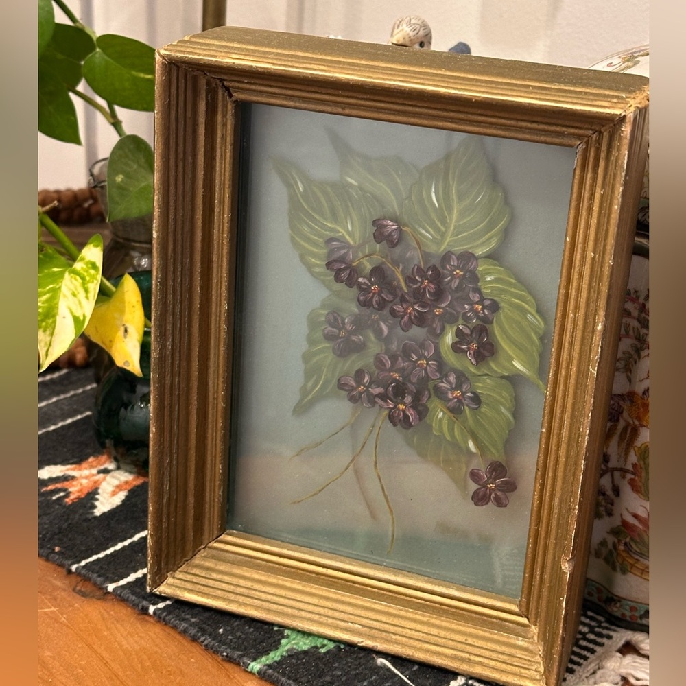 Vintage 3D Hand Painted Flowers on Glass in Gold Frame